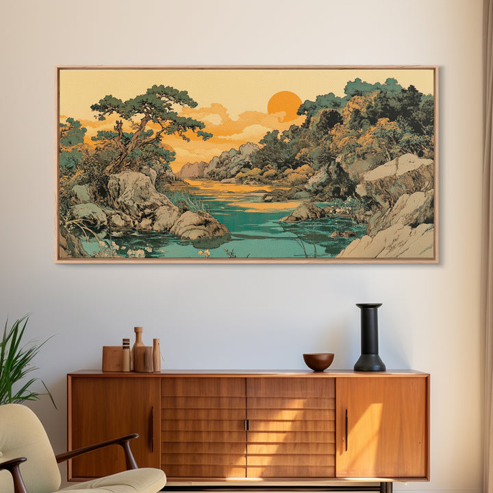 Golden River Valley Landscape Wall Art, Japanese Mountain Canvas Print, Serene Nature Decor, Japandi Living Room Art Gift