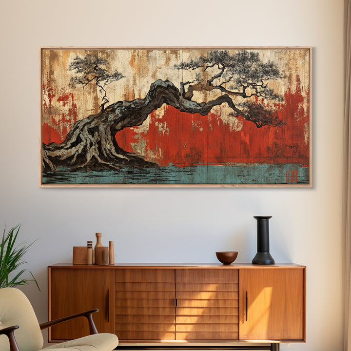 Twisted Bonsai Tree Framed Canvas Print, Japanese Wabi Sabi Wall Art, Rustic Nature Decor, Zen Living Room Statement Art