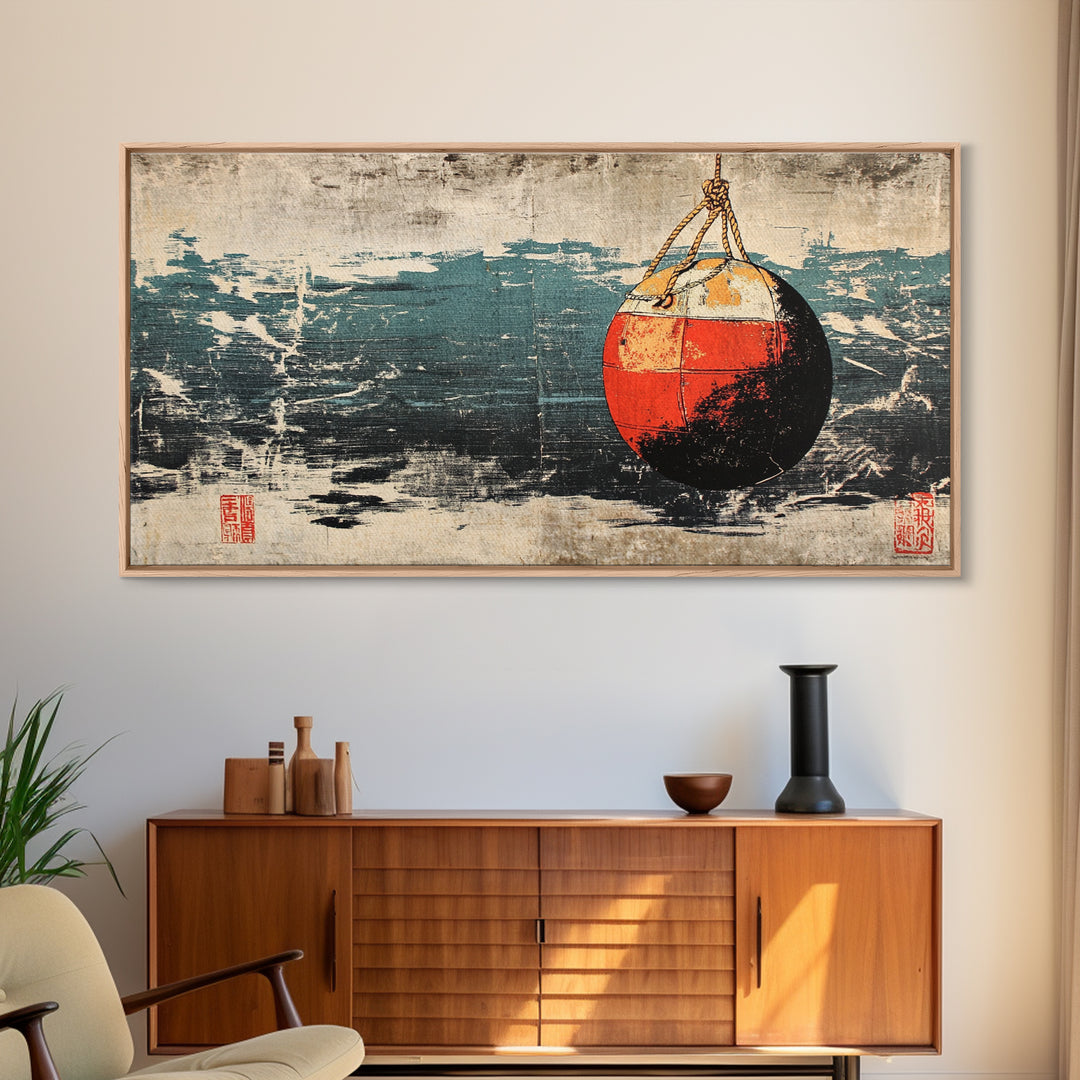 Red And White Fishing Buoy Canvas Print, Nautical Coastal Wall Art, Ocean Decor, Rustic Beach House Seascape Home Decor Gift