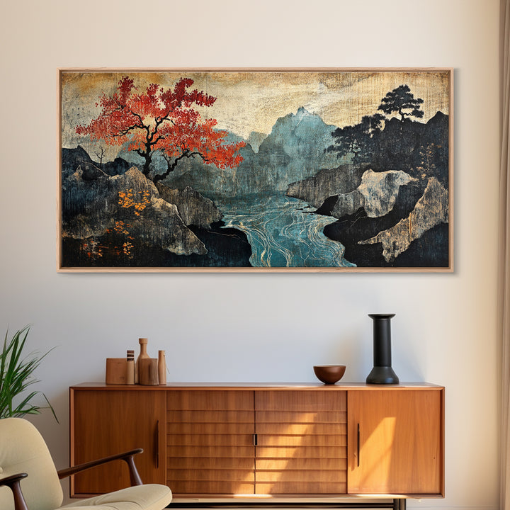Autumn Mountain Lake Framed Canvas Print, Japanese Landscape Wall Art, Moody Nature Decor, Red Tree Japandi Wall Decor Gift
