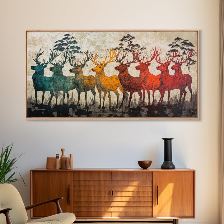 Rainbow Deer Silhouettes In Misty Pines Wall Art, Japanese Wildlife Canvas Print, Rustic Nature Decor, Large Living Room Art