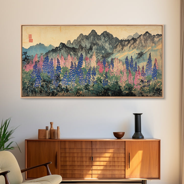 Colorful Lupine Meadow Below Ink Mountains Wall Art, Japanese Landscape Print, Botanical Home Decor, Large Living Room Wall Art