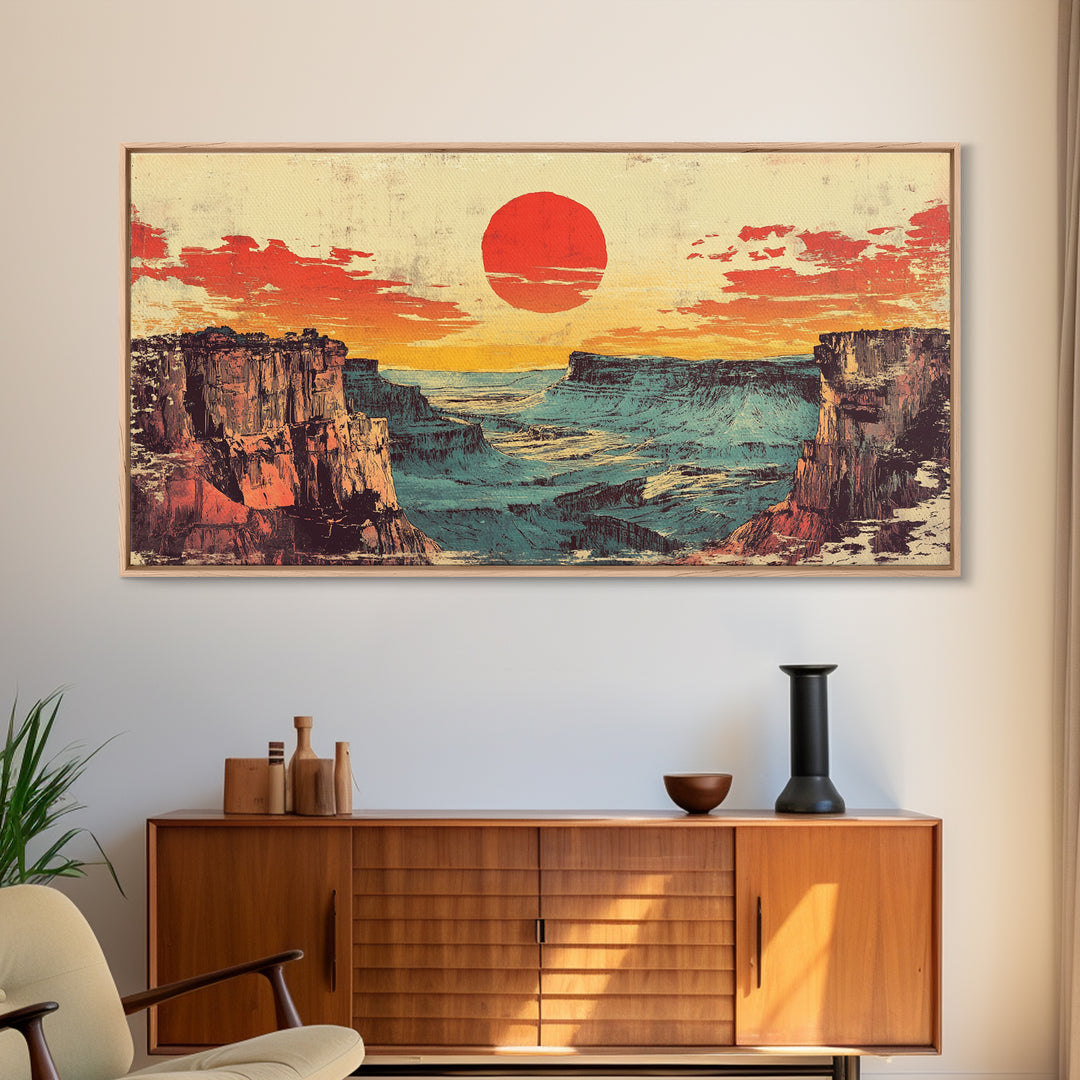 Red Sun Desert Canyon At Dusk Wall Art, Southwestern Landscape Canvas Print, Western Decor, Large Horizontal Living Room Art