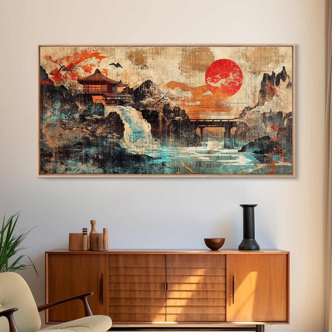 Red Sun Temple Waterfall Over Mountain Lake Wall Art, Japanese Landscape Canvas Print, Asian Zen Decor, Large Living Room Art