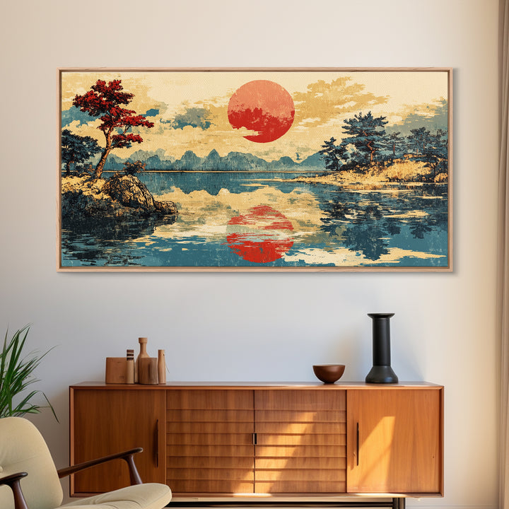 Red Sun Reflected On Serene Mountain Lake Wall Art, Japanese Landscape Canvas Print, Coastal Zen Decor, Large Living Room Art