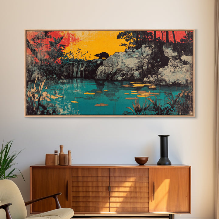 Turquoise Jungle Waterfall At Sunset Wall Art, Tropical Landscape Canvas Print, Nature Decor, Large Horizontal Living Room Art