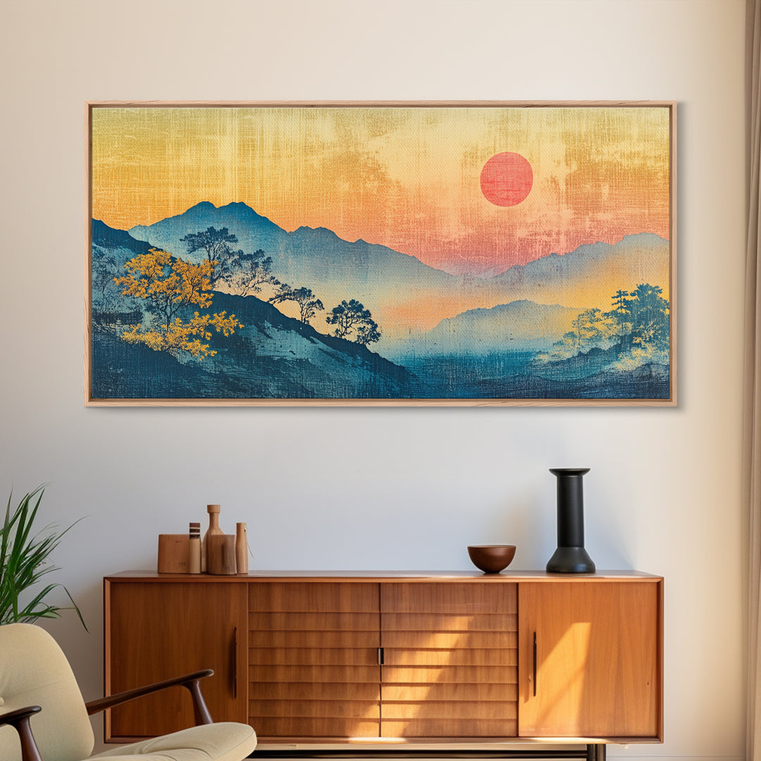 Misty Blue Mountains With Pink Sun Wall Art, Japanese Landscape Canvas Print, Minimalist Nature Decor, Large Bedroom Art