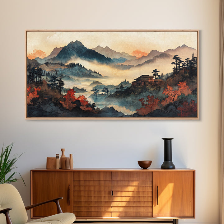 Misty Autumn Mountain Village Wall Art, Japanese Landscape Canvas Print, Moody Nature Home Decor, Large Living Room Wall Art