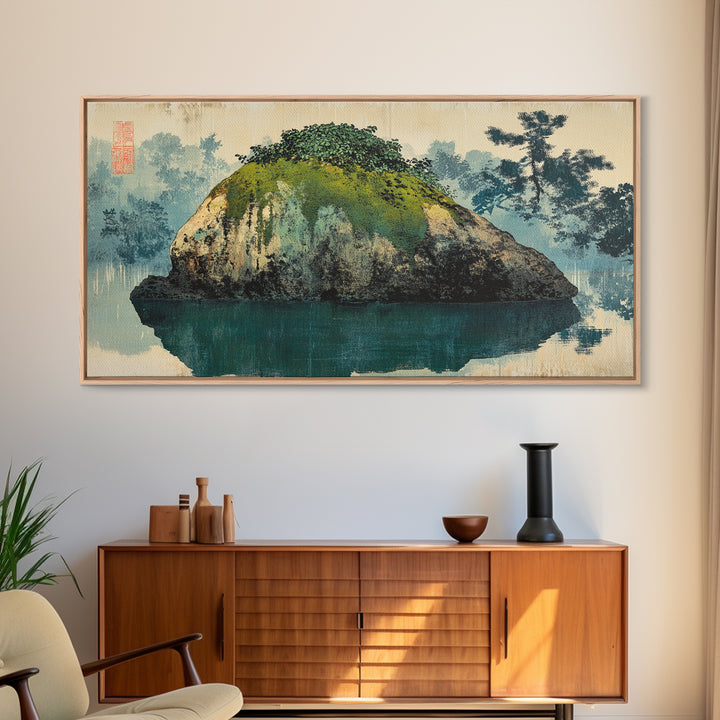 Moss Covered Island Reflected In Calm Water Wall Art, Japanese Zen Landscape Canvas Print, Minimalist Nature Decor, Office Art