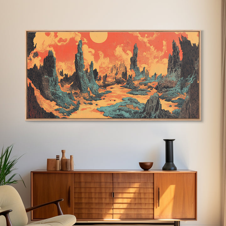 Alien Desert Spires Surreal Landscape Canvas Print, Sci Fi Wall Art, Retro Futuristic Decor, Gaming Room Poster Gift For Him