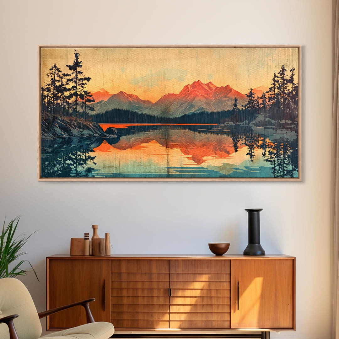 Sunset Alpine Lake Reflection Wall Art, Mountain Landscape Canvas Print, Rustic Cabin Decor, Large Living Room Art Gift For Him