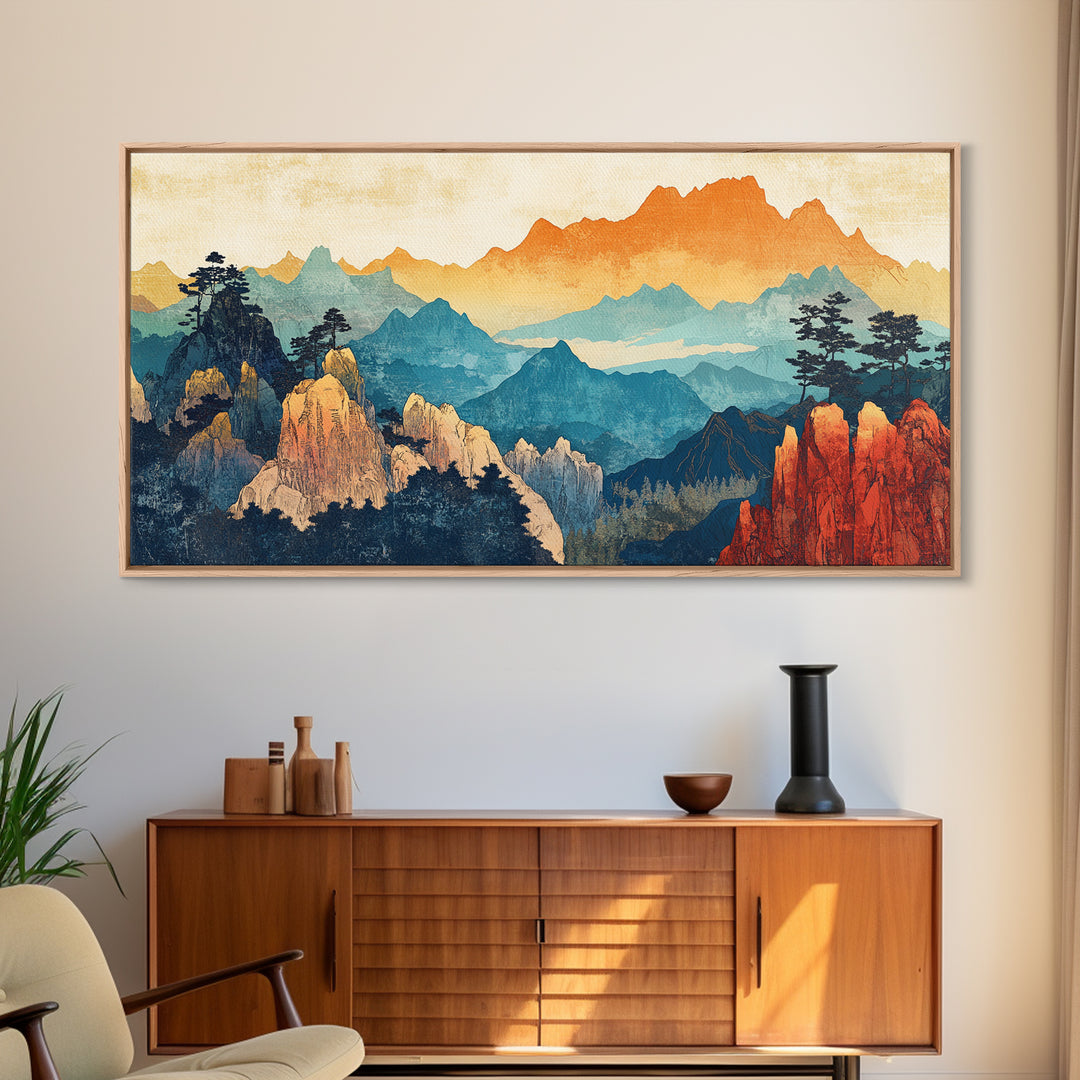 Layered Mountain Peaks Landscape Wall Art, Southwestern Nature Canvas Print, Boho Cabin Decor, Large Living Room Gift For Him