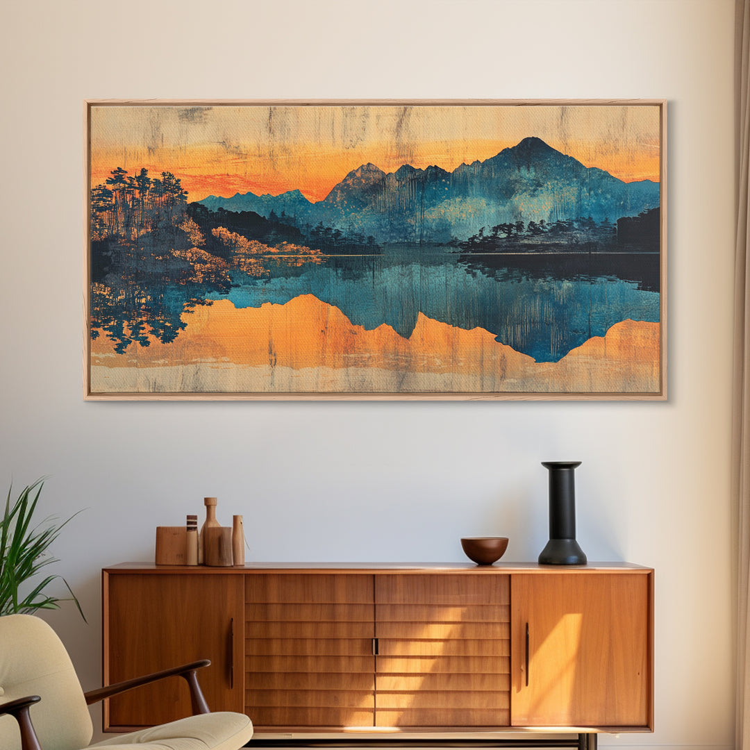 Moody Mountain Lake Reflection Wall Art, Blue Orange Landscape Canvas Print, Rustic Cabin Decor, Large Living Room Art Gift