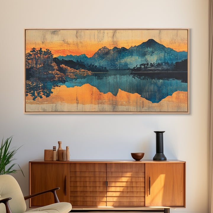 Moody Mountain Lake Reflection Wall Art, Blue Orange Landscape Canvas Print, Rustic Cabin Decor, Large Living Room Art Gift