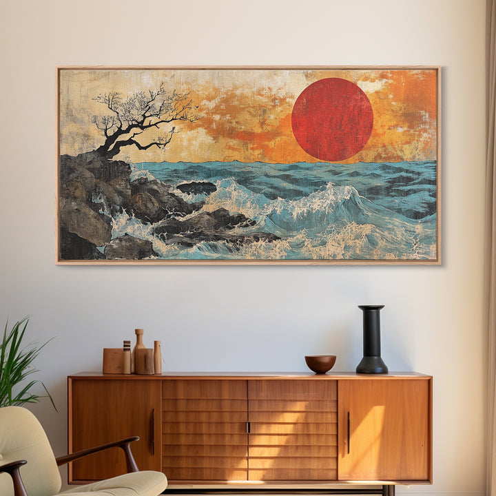 Rocky Ocean Red Sun Seascape Wall Art, Coastal Canvas Print, Japanese Style Wave Decor, Beach House Living Room Housewarming Gift