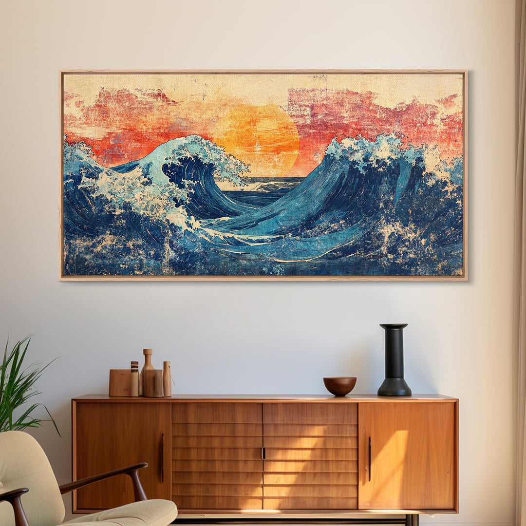Sunset Ocean Waves, Japanese Seascape Canvas Print, Coastal Wall Art, Nautical Decor, Beach House Living Room Print, Housewarming Gift