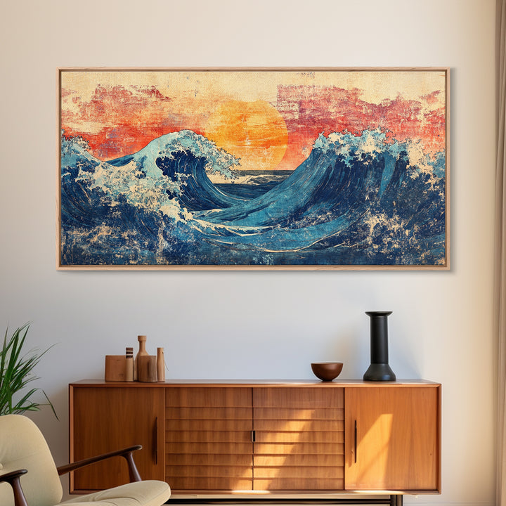 Sunset Ocean Waves, Japanese Seascape Canvas Print, Coastal Wall Art, Nautical Decor, Beach House Living Room Print, Housewarming Gift