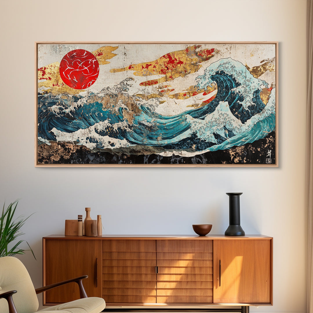 Red Sun Great Wave, Japanese Ocean Framed Canvas Print, Ukiyo E Wall Art, Coastal Decor, Large Living Room Statement Art