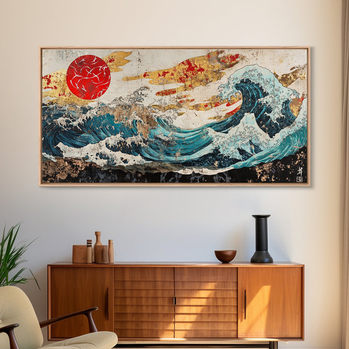 Red Sun Great Wave, Japanese Ocean Framed Canvas Print, Ukiyo E Wall Art, Coastal Decor, Large Living Room Statement Art