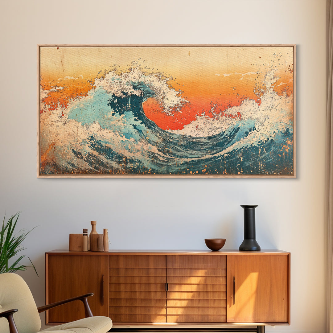 Curling Turquoise Wave, Orange Sky Canvas Print, Japanese Ocean Wall Art, Coastal Bathroom Decor, Beach House Gift, Living Room Decor