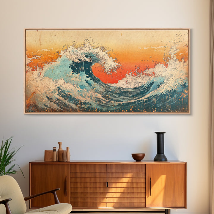Curling Turquoise Wave, Orange Sky Canvas Print, Japanese Ocean Wall Art, Coastal Bathroom Decor, Beach House Gift, Living Room Decor