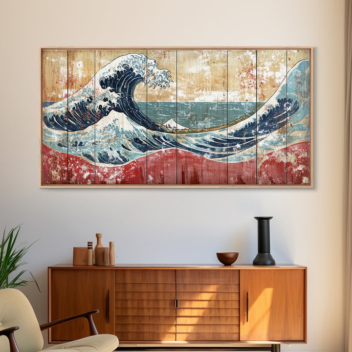 Great Wave Wood Panel, Mount Fuji Framed Canvas Print, Japanese Wall Art, Coastal Decor, Large Horizontal Living Room Art
