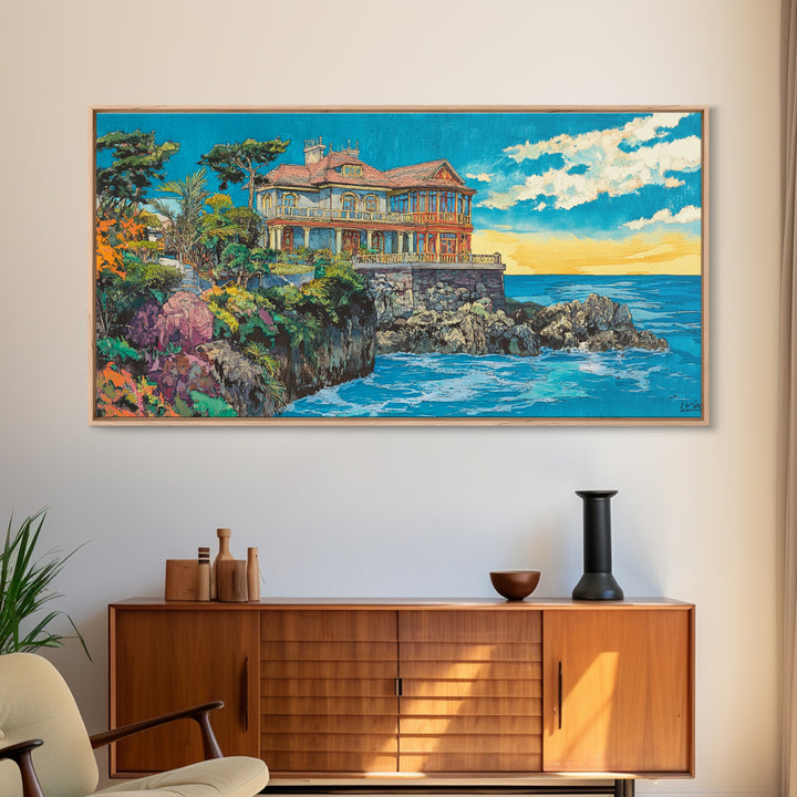 Clifftop Coastal Villa, Bright Seascape Wall Art, Italian Riviera Canvas Print, Ocean Decor, Travel Poster, Gift For Her, Housewarming Gift