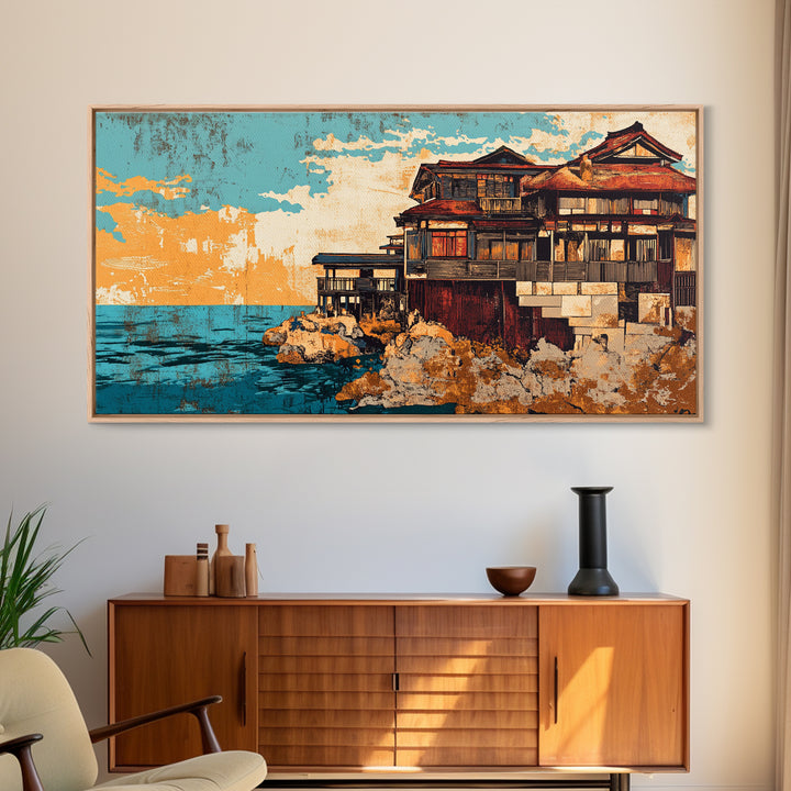 Japanese Seaside Ryokan, Sunset Architecture Wall Art, Coastal Canvas Print, Asian Decor, Ocean View Living Room Decor, Housewarming Gift