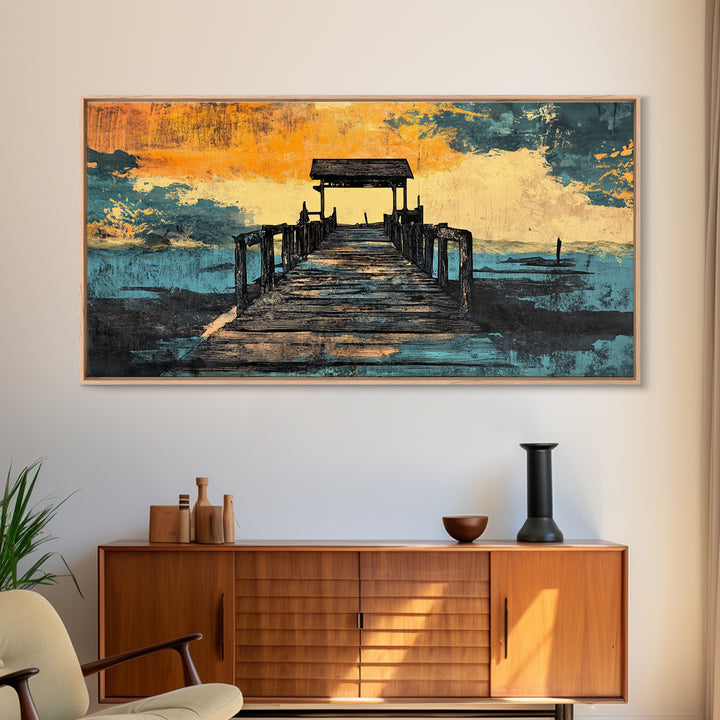 Weathered Pier At Sunset Canvas Print, Coastal Wall Decor, Nautical Beach House Art, Lake House Living Room Decor, Wide Wall Art