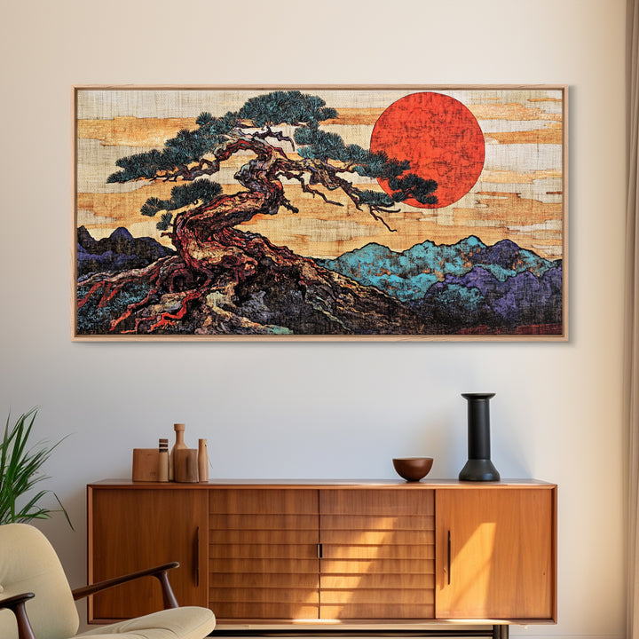 Twisted Bonsai Pine Red Sun Wall Art, Japanese Landscape Print, Japandi Decor, Zen Living Room Framed Canvas Print, Mountain Wall Decor