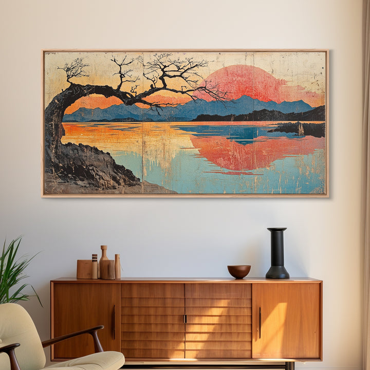 Bare Tree Lake Sunset Wall Art, Japanese Inspired Landscape Print, Serene Coastal Decor, Large Horizontal Canvas Print Art