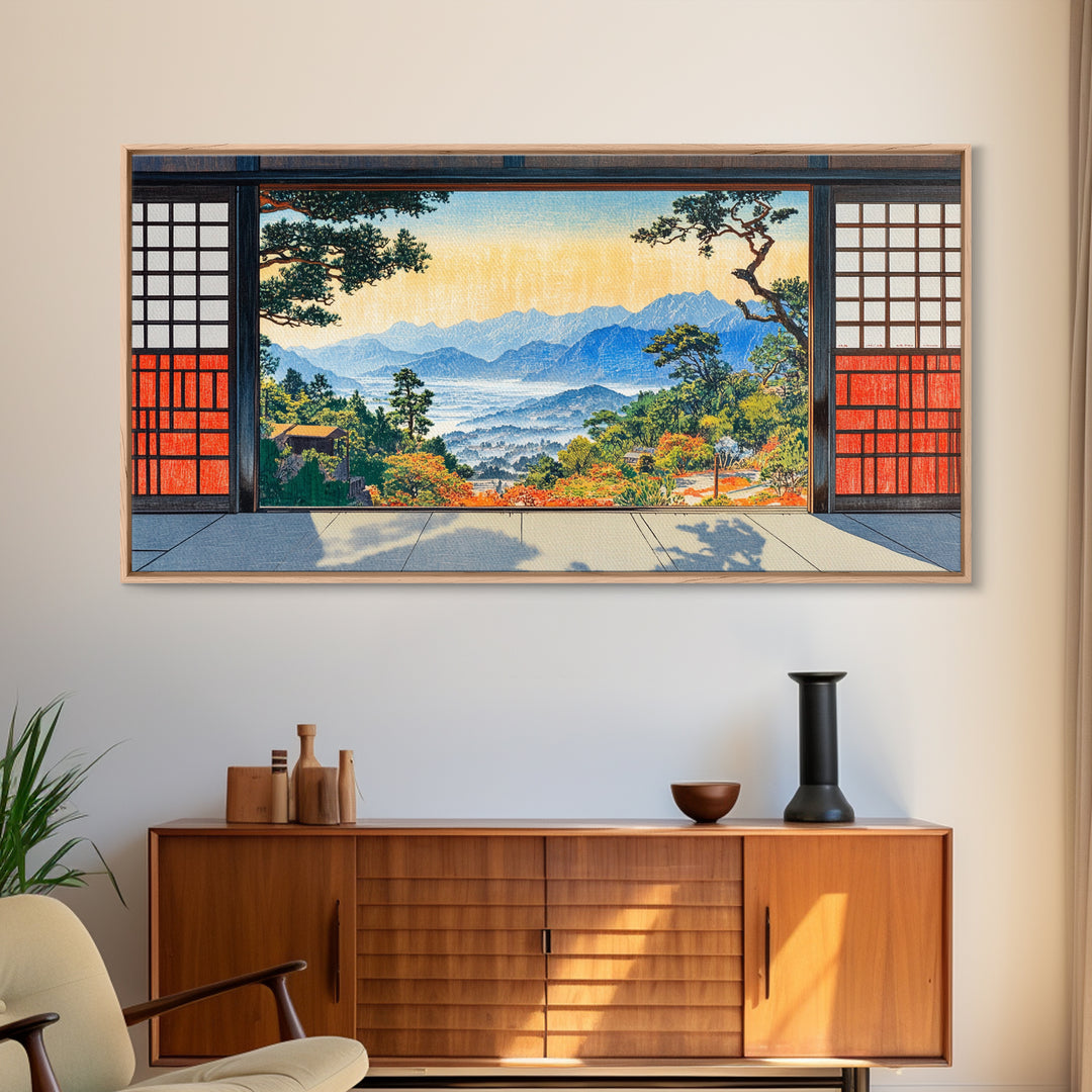 Japanese Shoji Window Mountain View Wall Art, Japandi Landscape Print, Zen Home Decor, Large Framed Canvas Print, Living Room Decor