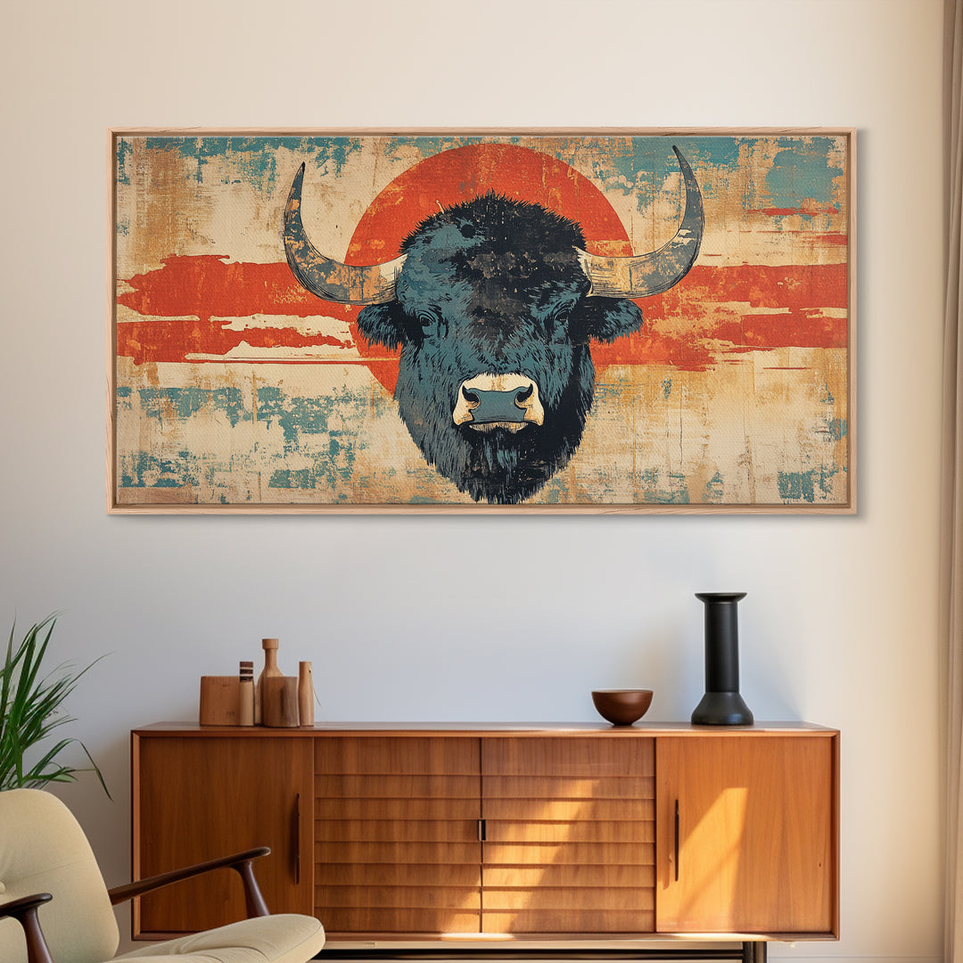 Bold Bison Portrait Red Sun Wall Art, Western Buffalo Print, Rustic Ranch Decor, Large Framed Canvas Print, Living Room Decor