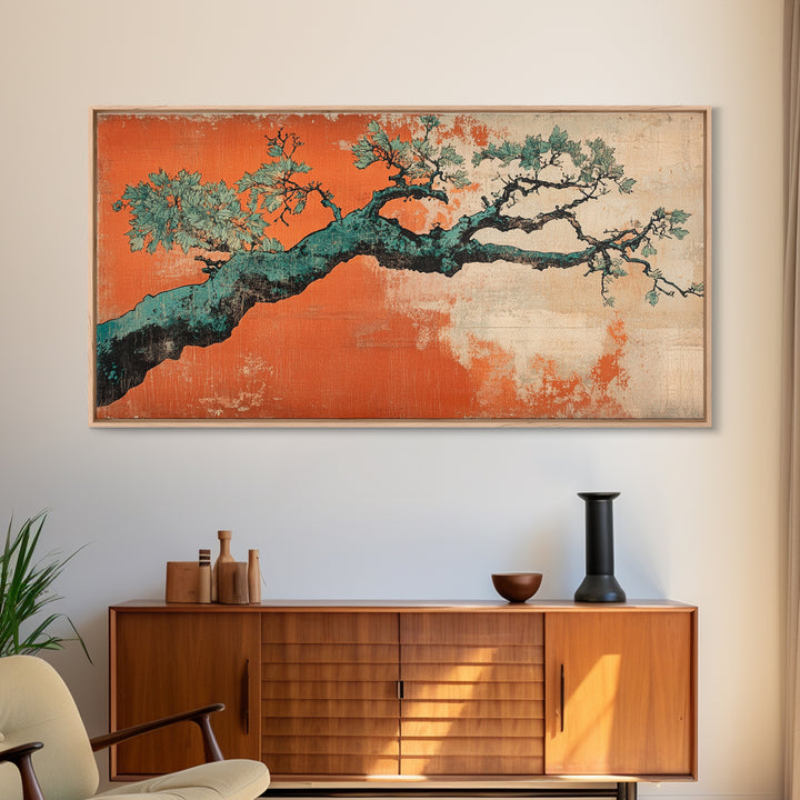 Twisted Pine Branch Wall Art, Japanese Botanical Canvas Print, Orange Teal Nature Decor, Japandi Living Room Wall Decor Gift