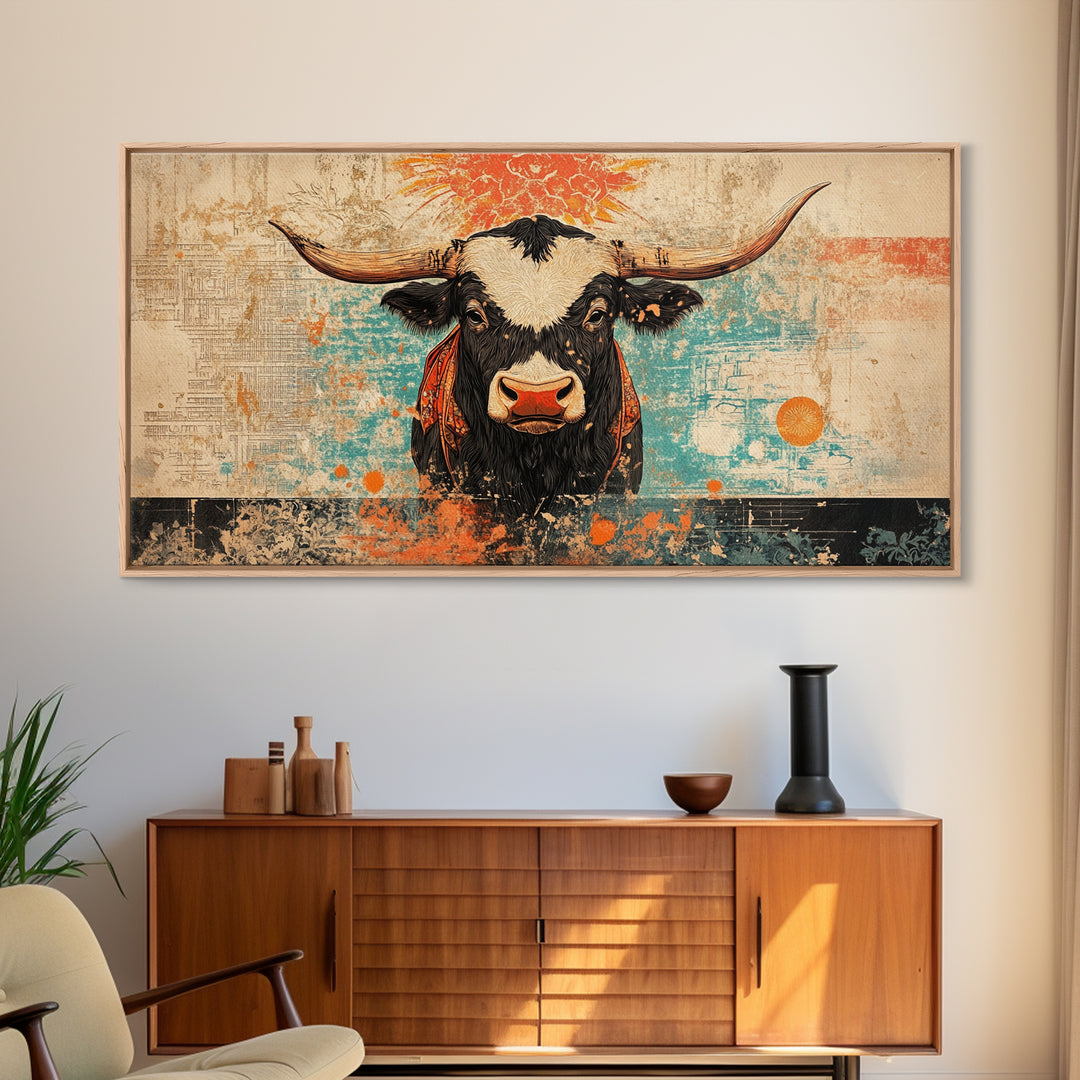 Bold Longhorn Cow Wall Art, Western Animal Canvas Print, Rustic Farmhouse Decor, Southwest Living Room Wall Decor Gift Idea
