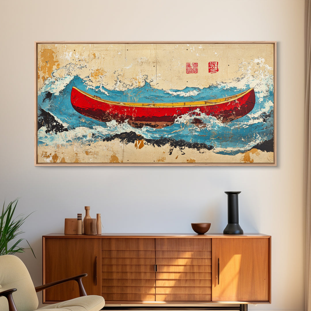 Red Canoe Ocean Waves Wall Art, Japanese Nautical Canvas Print, Coastal Adventure Decor, Beach House Wall Decor Gift Idea