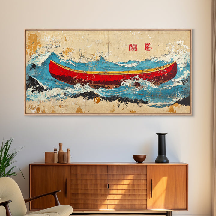 Red Canoe Ocean Waves Wall Art, Japanese Nautical Canvas Print, Coastal Adventure Decor, Beach House Wall Decor Gift Idea