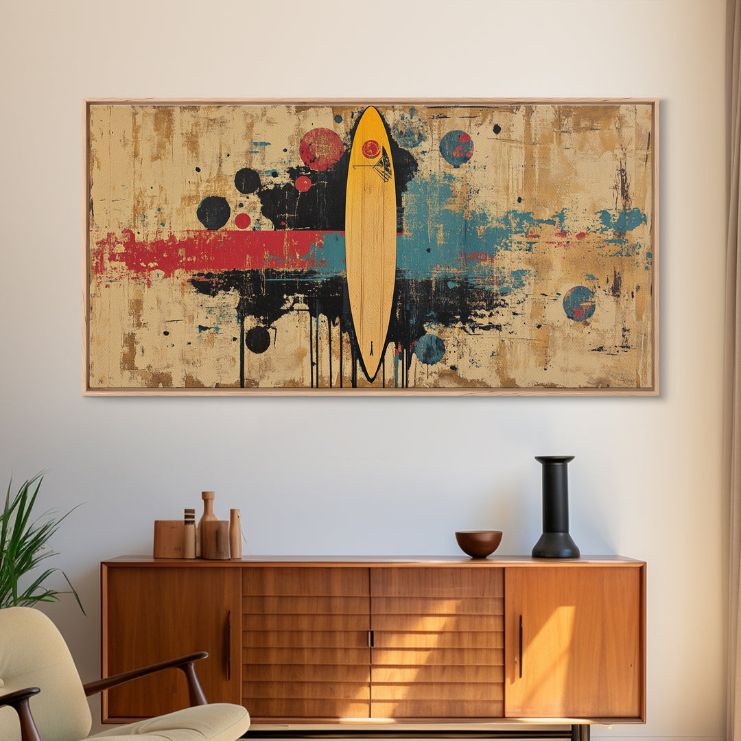 Yellow Surfboard Abstract Wall Art, Retro Beach Canvas Print, Mid Century Modern Decor, Surfer Living Room Wall Decor Gift