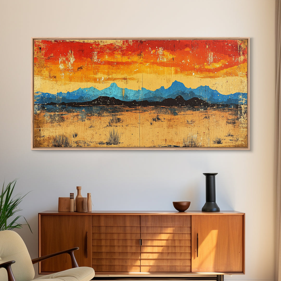 Blue Desert Mountain Wall Art, Fiery Sunset Landscape Canvas Print, Southwest Modern Decor, Above Sofa Wall Decor Gift Idea