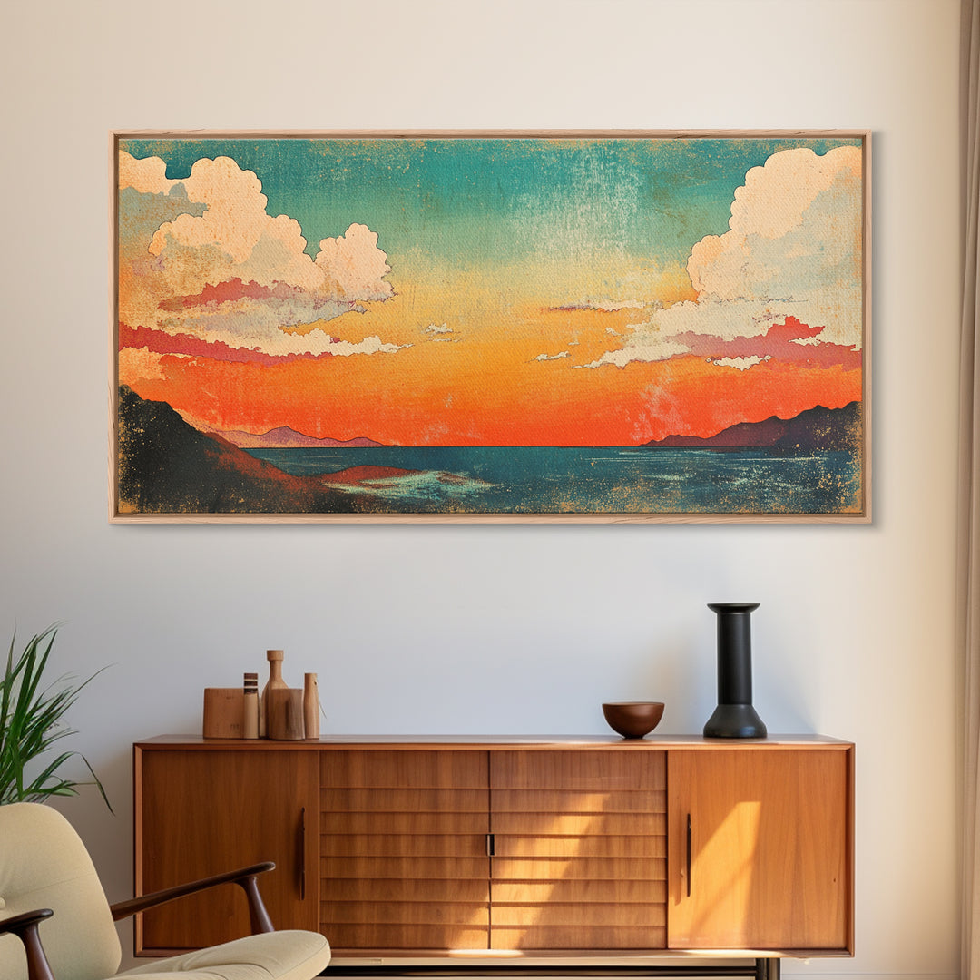 Pastel Coastal Sunset Wall Art, Ocean Horizon Canvas Print, Beach House Decor, Serene Living Room Wall Decor Gift For Her