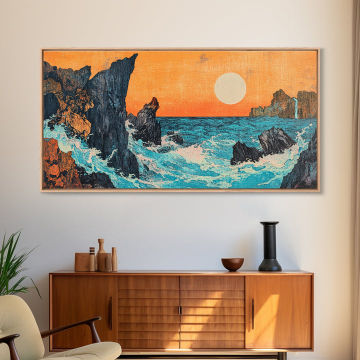 Rocky Ocean Sunset Seascape Wall Art, Japanese Coastal Canvas Wall Art, Beach House Decor, Large Horizontal Print, Ocean Wall Decor