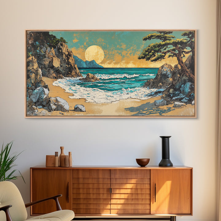 Rocky Cove Sunset Beach Wall Art, Japanese Coastal Landscape Art, Ocean Waves Canvas Print, Beach House Decor, Large Wall Art