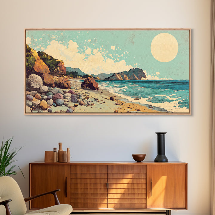 Sunny Rocky Beach Panorama Wall Art, Tropical Coastal Landscape, Ocean Waves Canvas Print, Beach House Decor, Large Horizontal Art