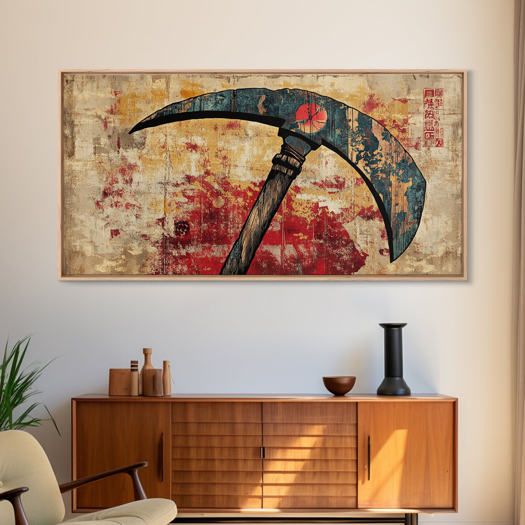 Japanese Battle Scythe Wall Art, Samurai Weapon Illustration, Dark Grunge Canvas Print, Asian Decor, Martial Arts Gift, Office Decor
