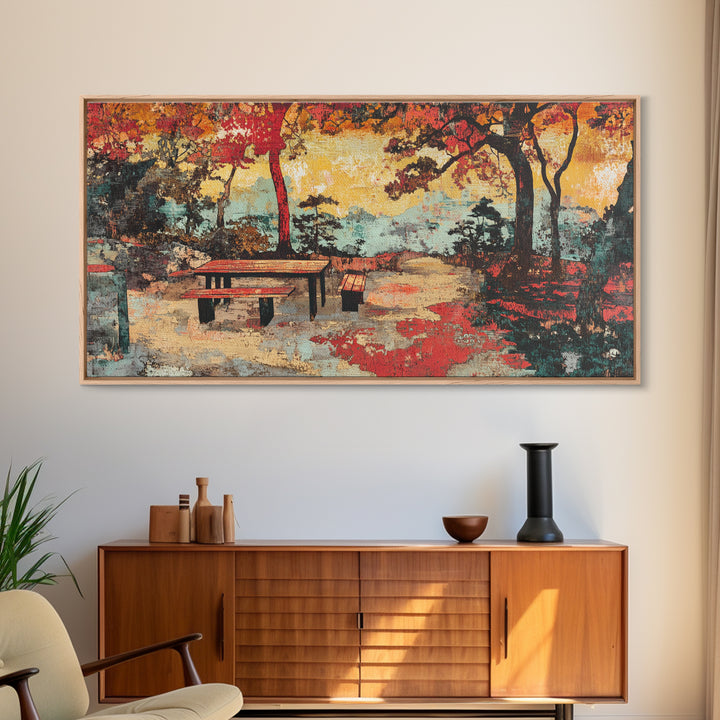 Autumn Park Bench Landscape Wall Art, Japanese Garden Scene, Fall Colors Canvas Print, Cozy Home Decor, Living Room Wall Art