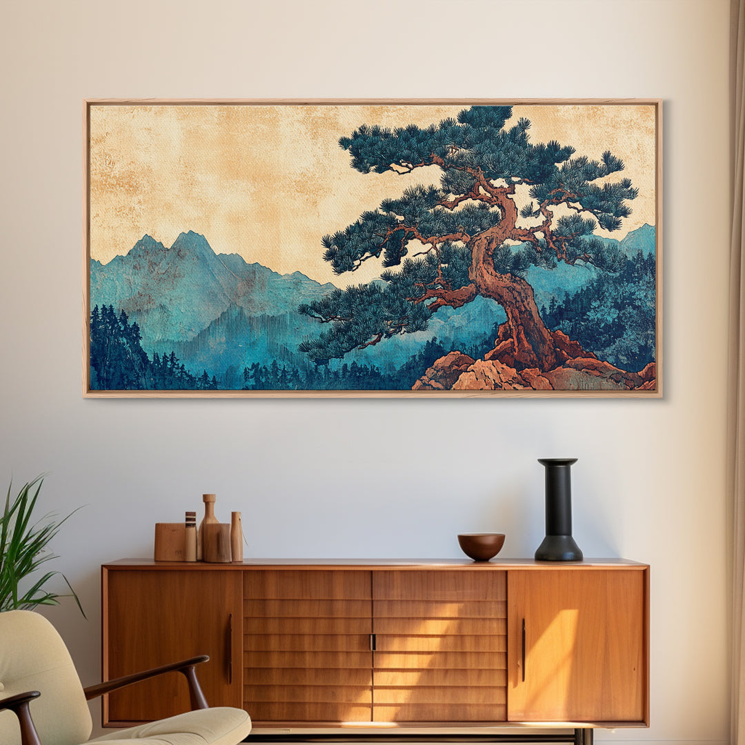 Ancient Pine Mountain Landscape Wall Art, Japanese Nature Canvas Print, Blue Forest Decor, Japandi Wall Art, Large Horizontal Print