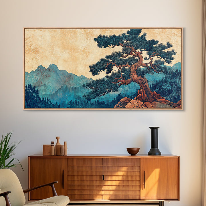 Ancient Pine Mountain Landscape Wall Art, Japanese Nature Canvas Print, Blue Forest Decor, Japandi Wall Art, Large Horizontal Print