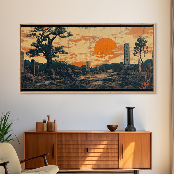 Moody Graveyard Sunset Wall Art, Japanese Cemetery Landscape, Dark Academia Canvas Print, Gothic Decor, Large Horizontal Art