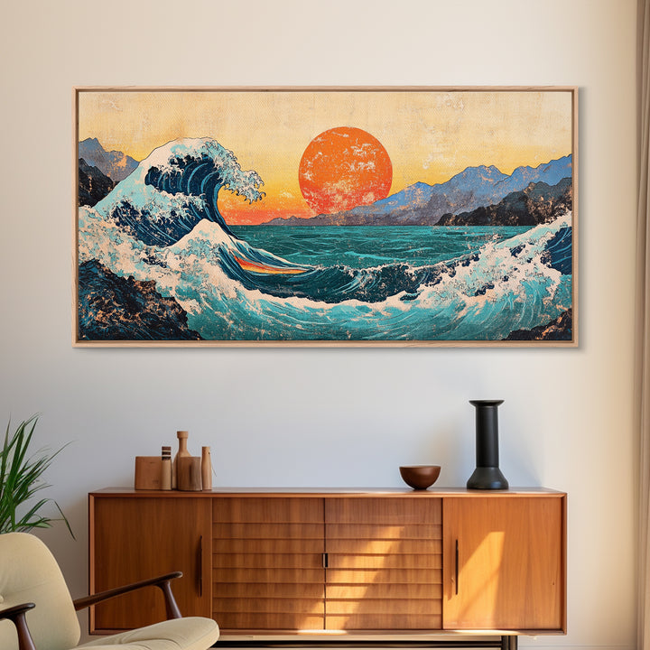 Great Wave With Orange Sun Canvas Print, Japanese Ocean Wall Art, Coastal Landscape Decor For Living Room Above Sofa Housewarming Gift