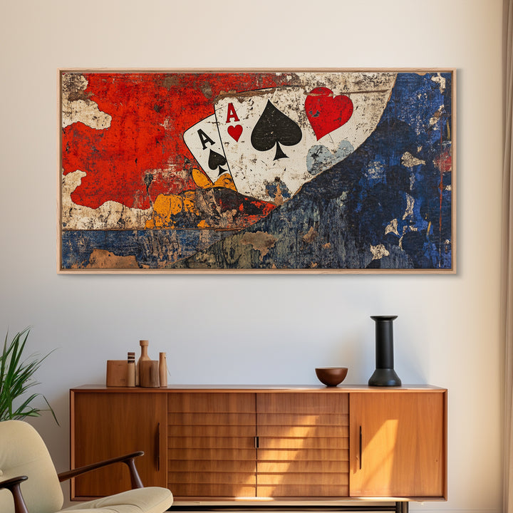 Grunge Ace Playing Cards Wall Art, Retro Poker Canvas Print, Game Room Decor For Man Cave, Casino Gift For Him Housewarming
